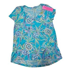 Lilly Pulitzer Etta V-neck t-shirt Turtle Szn Bermuda Blue size XSmall Nwt